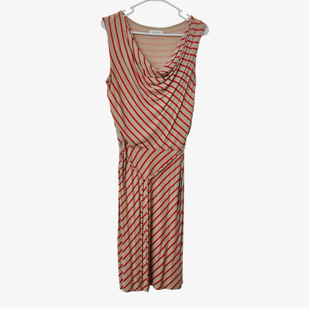 Calvin Klein Sleeveless Striped Midi Dress Red Taupe Cowl Neck Tie Waist Small